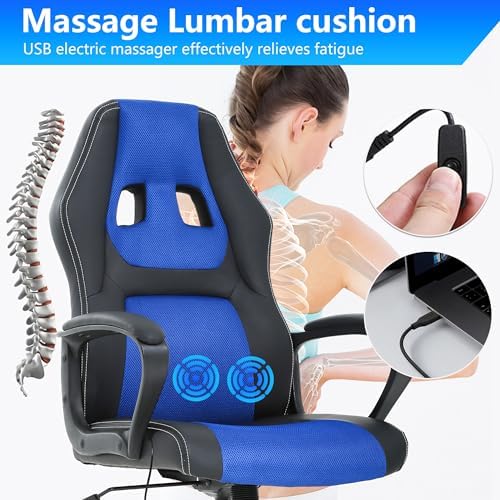 PayLessHere Gaming Office Chair Support Adjustable Ergonomic PU Leather Racing Lumbar Massage Headrest Armrest Task 360° Swivel Computer Chair for Women Men Adults, Blue