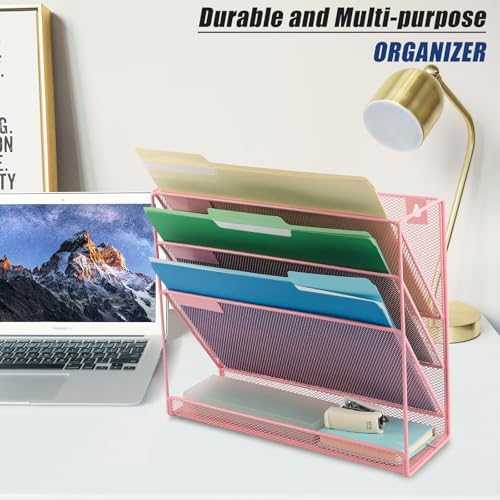 EASEPRES Desk File Organizer Mesh 4-Tier, Hanging Wall Mount Document Organization Stand, Desktop Vertical Mail Paper Folder Holder Rack with Bottom Tray for Office Home Cubicle Countertop, Pink