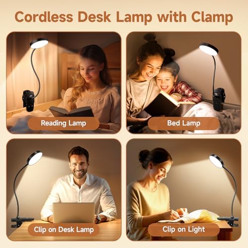 Mubarek Clip on Lamp,5 Brightness+5 Color Clip on Light,200LM 36 LED Reading Lights for Books in Bed,1800mAh Battery Powered Lamp Battery Operated Lights,Rechargeable Desk Lamp with Clamp Light
