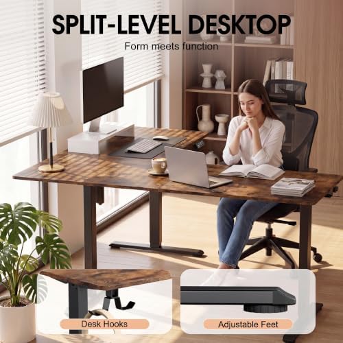 Furmax 63 x 55 Inch L Shaped Standing Desk with 2 Preset Heights, Electric Height Adjustable Computer Table, 2 Hooks & Feet Balance, Corner Sit Stand Desk for Home Office (Rustic Brown, 63 x 55 Inch)