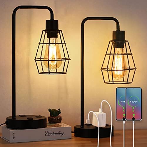 BTY USB Edison Table Lamp Set of 2, Bedside Nightstand Desk Lamps with Dual USB Charging Ports and 2 Prong AC Outlet Metal Wire Cage Industrial Reading Table Lamp for Bedroom Living Room Farmhouse