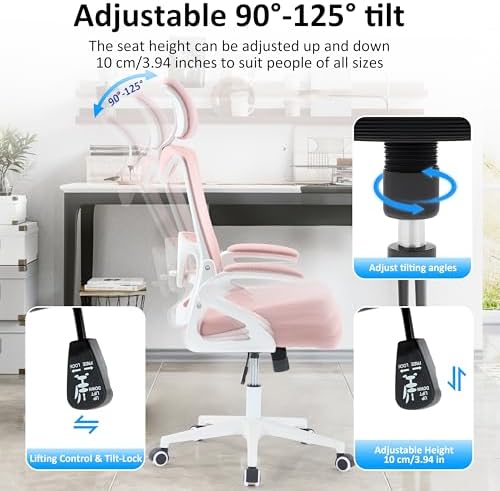 Fizzin Ergonomic Office Chair,Ergonomic Desk Chair with Headrest Mesh Computer Chair with High Back Adjustable Lumbar Support, Rolling Swivel Chairs with Wheel Armrests for Home Office(Pink)