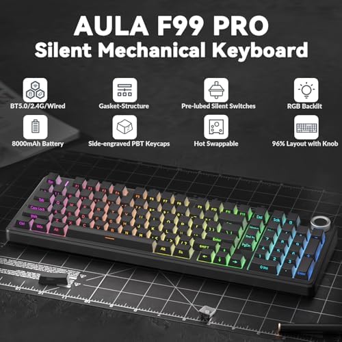 AULA F99 Pro Wireless Mechanical Keyboard-Silent Version,BT5.0/2.4GHz/USB-C Hot Swappable Custom Keyboard,Gasket Structure,Pre-lubed Linear Switches RGB Backlit Computer Gaming Keyboards,Black