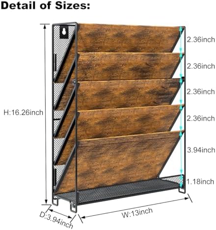 PAG-Mass Wall File Organizer for Office, 6-Tier Rustic Hanging File Holder Wall Storage Rack for Documents/Magazine/Literature/File Folders/Mails/Envelopes, Brown