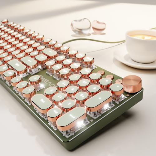 Wired Typewriter Style Mechanical Keyboard, Media Knob, Soft Clack-Green