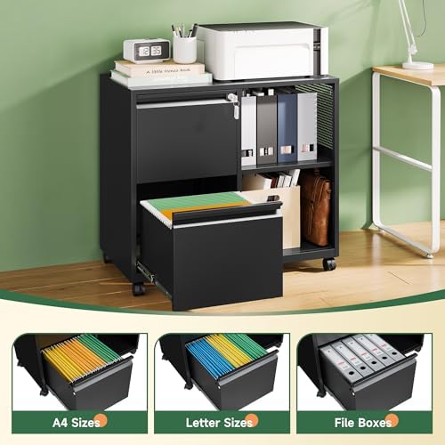 Letaya Mobile File Cabinet, Metal Lateral Rolling Printer Stand Filing Cabinets with Shelves for Home Office-Storage A4/F4 (Black)