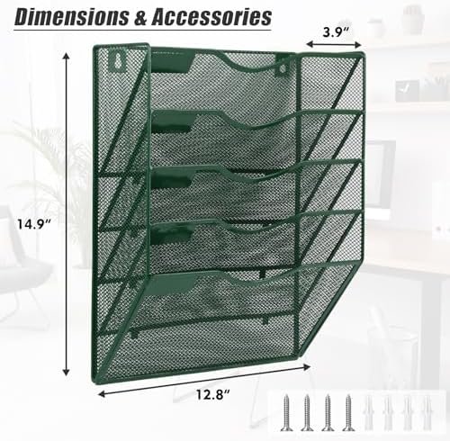 EASEPRES 5 Pocket Mesh Hanging File Organizer, Wall Mounted Mail Paper Document Folder Holder, Clipboard Storage Organization Magazine Rack with Nametag Label for Office Home School, Dark Green