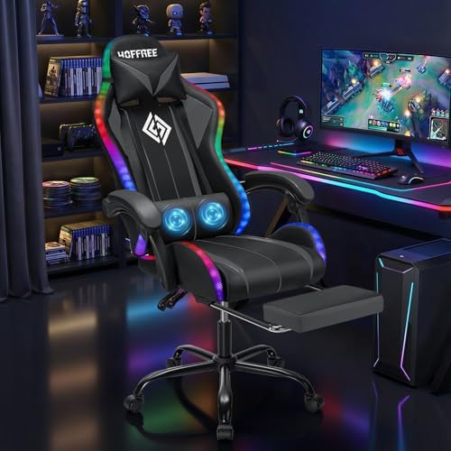HOFFREE LED Gaming Chair with Massage RGB Lights Computer Game Chair-Grey