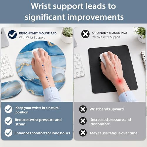 Marble Ergonomic Memory Foam Wrist Rest Set for Keyboard and Mouse,Blue Gold Flowing Marble Supportive Mouse Pad with Non Slip Base for Office Work and Gaming