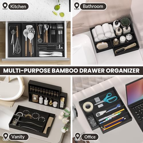 Bamboo Kitchen Drawer Organizer, 2-Pack, 12" x 6" x 2.5"，Black