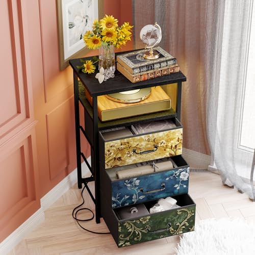 Fixwal Night Stand with 3 Fabric Drawers, Nightstand with Charging Station