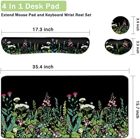 Keyboard Mouse Pad Set, Extended Mouse Pad+Keyboard Wrist Rest Support, Memory Foam Ergonomic Easy Typing, 3Pcs (35.4×15.7 in) Desk Pad Set for Home Office Study Game - Weeds