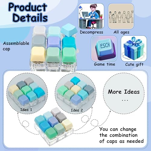 Keyboard Fidget Toy, Keyboard Fidget Keychain 9-in-1 Keyboard Decompression Button Finger Clicker Toys Stress Relief Fidget Gifts (9 Colors- Blue Green)