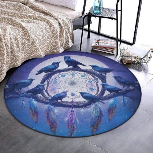 Large Round Area Rug Home Decor Modern Bathroom Rug Kitchen Office Circle Rug for Living Room Sofa Circle Cute Mat Dream Catchers and Raven, 60inch