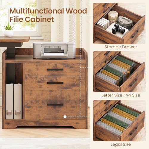 SEDETA L Shaped Standing Desk with File Cabinet, 3 Drawers, Power Outlet