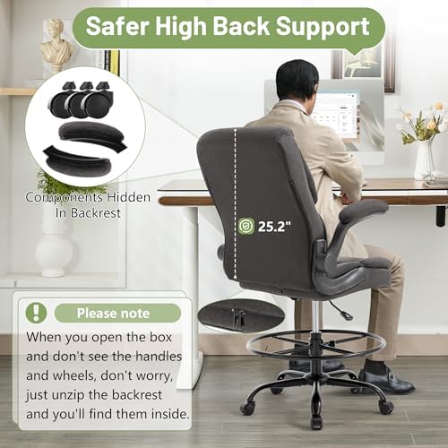 500LBS Drafting Chair, High Back Safer Standing Desk Chair, Executive Tall Office Chair with Flip-up Armrests, Upholstered Fabric Task Chair, Ergonomic Seat with Adjustable Height&Foot Ring, Dark Gray