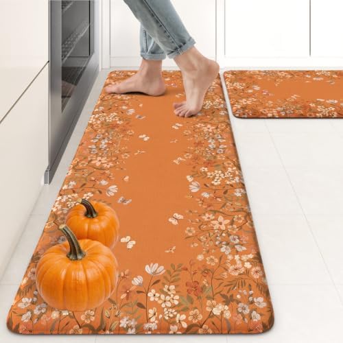 KIMODE Anti Fatigue Kitchen Mats Cushioned,Fall Orange Kitchen Rugs Sets