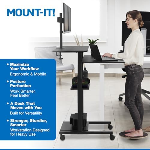 Mount-It! Mobile Standing Desk with Dual Monitor Mount - 40 Inch Wide Height Adjustable Rolling Computer Workstation with Four Wheels,