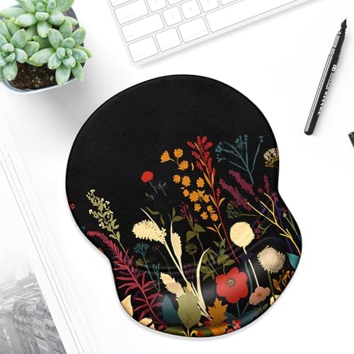 ITNRSIIET Ergonomic Mouse Pad with Gel Wrist Support Small Wrist Rest Smooth Surface Non-Slip PU Base Comfortable Office Supplies Pain Relief, 8.7 x 7.2 inches, Pretty Flowers Plants
