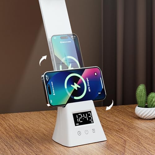 IHAO 3in1 Foldable Eye-Care Desk Lamp with 15W Wireless Charger & Digital Clock Touch Control, 3 Color Temperatures, Alarm, 180° Foldable, Phone Stand, Modern LED Table Lamp TYV-2088 White