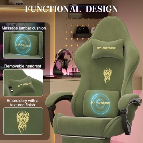 Soontrans Green Velvet Gaming Chair with Embroidery Design