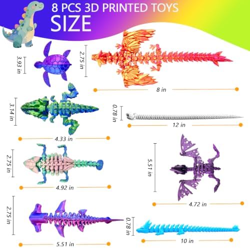 8pcs 3D Printed Dinosaur, Snake Turtle Pterosaur T-Rex Fidget Toys,Crystal Dragon Flying Dragon，Desk Executive Toy，Easter,Toys for Boys Kids Teen 5-7 4-6 8-12
