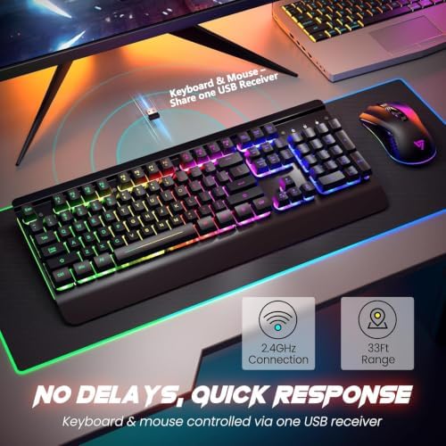 Wireless Gaming Keyboard and Mouse Combo, Metal Panel Light Up 3200DPI Mice