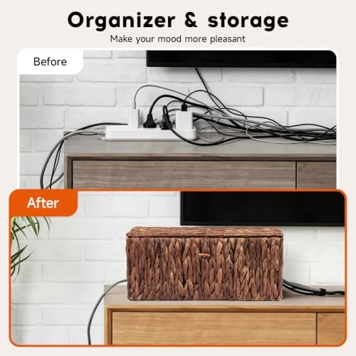 Cable Management Box with Lid, 2Pack Handwoven Real Water Hyacinth Cord Hider Organizer Boxes,2 Side Open Slots Storage Box to Hide Cords Power Strip for Desk, Floor, Office