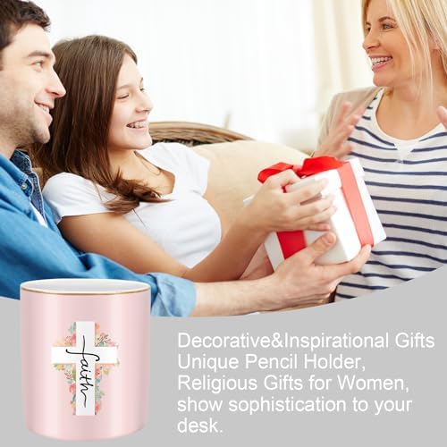 Ceramic Pen Holder for Desk Cute, Pencil Holder Cup, Makeup Brush Holder Pink, Multi-Functional Organizer for Office, Religious Style