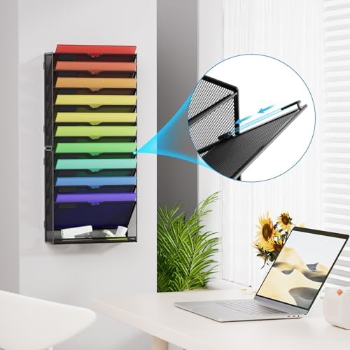 Marbrasse Wall File Holder 11-Tier Hanging Wall File Organizer, for Papers, Files Clipboard & Magazine Organizer, Wall Mount File Holder Great for Office Home (Black)