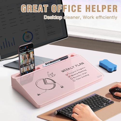 SELEAD Desktop Glass Whiteboard with Storage, 5 Markers and 1 Eraser, Pink