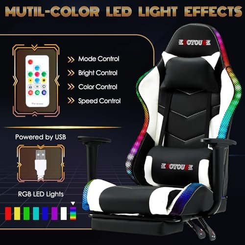 ECOTOUGE Racing Style RGB LED Lights Gaming Chair with Footrest