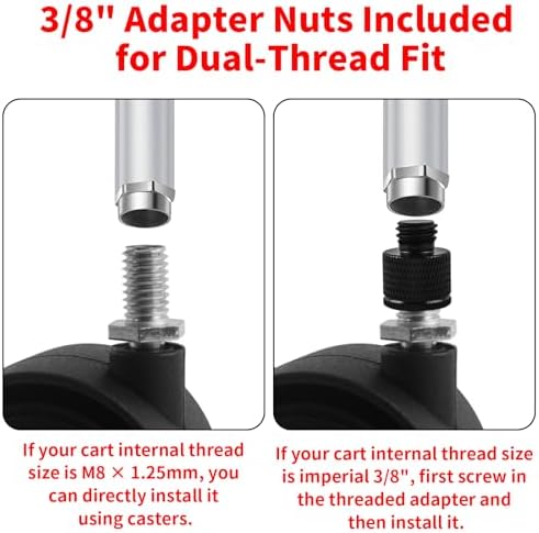 HOWDIA 4 Pcs M8×1.25 Thread (with 3/8 Adapter Nuts) 1.5" Swivel Caster Wheels with Brake, Light-Duty Casters Replacement for Carts/Small Furniture, Fits Metric M8 & Imperial 3/8, (30kg Total, 4-Pack)