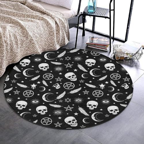 Home Decor Non Slip Kitchen Office Circle Rug, Machine Washable Modern Round Area Rug, Room Sofa Yoga Soft Round Carpet Goth Raven Crow Skull Moon Star Gothic Witch Magic Spirit Board