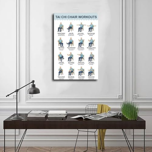 Tai Chi Chair Workout Exercise Chart for Seniors Gentle Home Workout Plan Canvas Poster Bedroom Decor Room Decor Frame 16x24inch