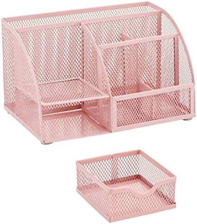 Annova Mesh Desk Organizer Office with 7 Compartments + Drawer/Desk Tidy Candy/Pen Holder/Multifunctional Organizer (Light Pink)