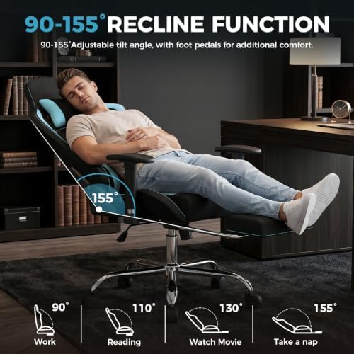 LUCKRACER Gaming Chair High Back Ergonomic Computer Chair with Breathable Fabric, with Lumbar Support, 8-Way Adjustable Armrests, Integrated Frame for Office Study Gaming, Light Blue