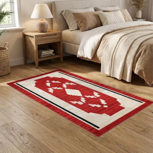 5'x7' Red Ivory Cat Crimson Boho Geometric Washable Area Rug
