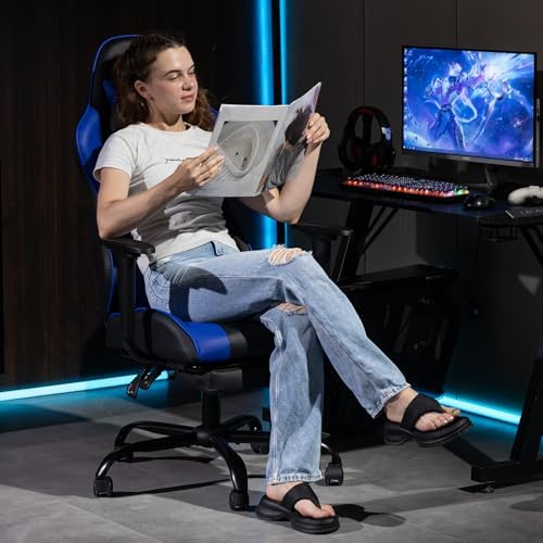 Gaming Chair with Footrest, Video Game Chair with Massage, PU Leather Computer Chair, Lumbar Support for Men Women, Home Office, Height Adjustable, Ergonomic High Back, Blue