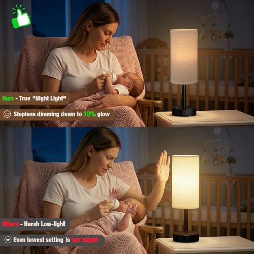 Beige Touch Bedside Lamp for Bedroom, Stepless Dimmable, USB A+C, AC Outlet