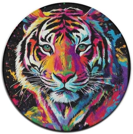 Machine Washable Modern Round Area Rug, Room Sofa Yoga Soft Round Carpet, Home Decor Non Slip Kitchen Office Circle Rug Colorful Splash Ink King of Tiger Art, 60inch