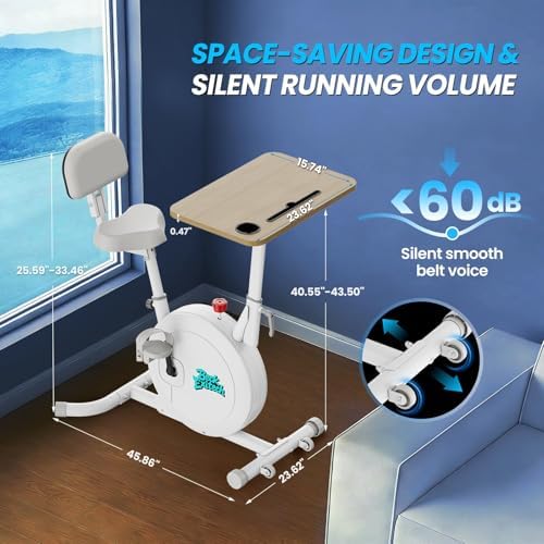 3-in-1 Desk Exercise Bike, Quiet Stationary Bike with Laptop Tray & Backrest, Adjustable Bike Desk Workstation, Space-Saving Under Desk Bike for Home Office Cardio, Weight Loss & Family Low-Impact Workout