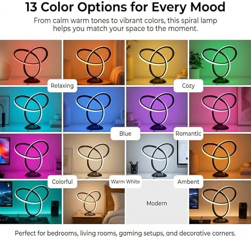 RGB Spiral Table Lamp with Remote, 13 Colors, Dimmable LED Bedside Light