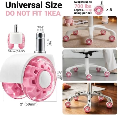 Pink Office Chair Wheels with Seamless One-Piece Nylon Cover, 2 Inch Rubber Gaming Wheels Replacement, Smooth Rolling for Hardwood Carpet Tile Floors, 11 * 22mm Universal fit