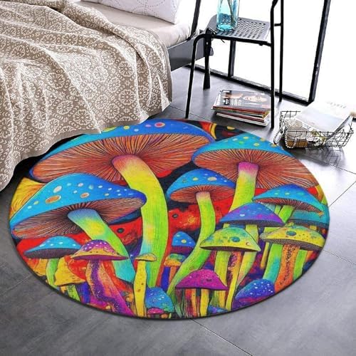 Room Sofa Yoga Soft Round Carpet, Home Decor Non Slip Kitchen Office Circle Rug, Machine Washable Modern Round Area Rug Trippy Tie Dye Magic Mushrooms Art, 60inch