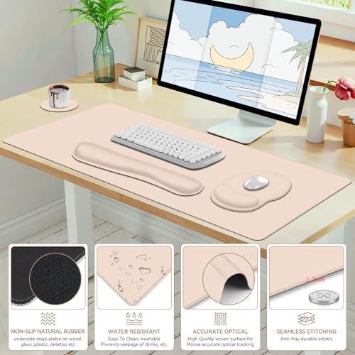 Mouse Pad Desk Pad Protector, Keyboard Wrist Rest + Mouse Pad Wrist Rest +Coaster, Large Gaming Mouse Pad for Computer Keyboard Laptop, XXL Desk Mat Writing Pad for Office and Home, Beige