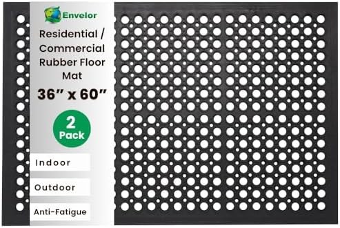 Envelor 2 Pack Anti Fatigue Mats for Kitchen Floor, Rubber Bar Mats, Non Slip Commercial Floor Mat with Drainage Holes, Indoor Outdoor Rubber Mat for Restaurant, Garage, Entryway 36 x 60 in