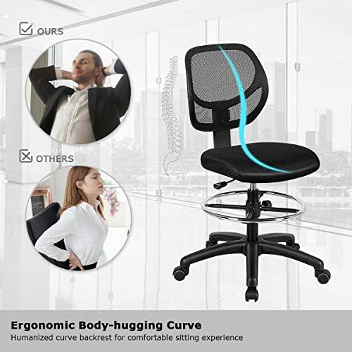 GIANTEX Drafting Chair Tall Office Chair with Back, Height Adjustable Home Office Chair on Wheels, Ergonomic Computer Standing Desk Chair with Footrest Ring for Bedroom, Black