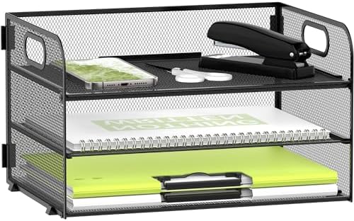 DALTACK 3 Tier Paper Organizer for Desk, Sliding Paper Trays, Black