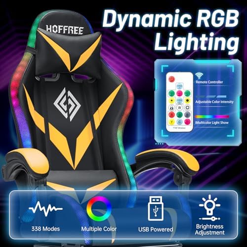 HOFFREE LED Gaming Chair with Speakers RGB Lights Computer Chairs-Yellow